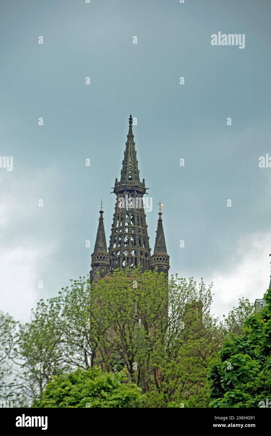 Sir George Gilbert Scott designed the university`s Main Buildings and he planned a lead-covered spire for the tower but died before it was completed. Stock Photo